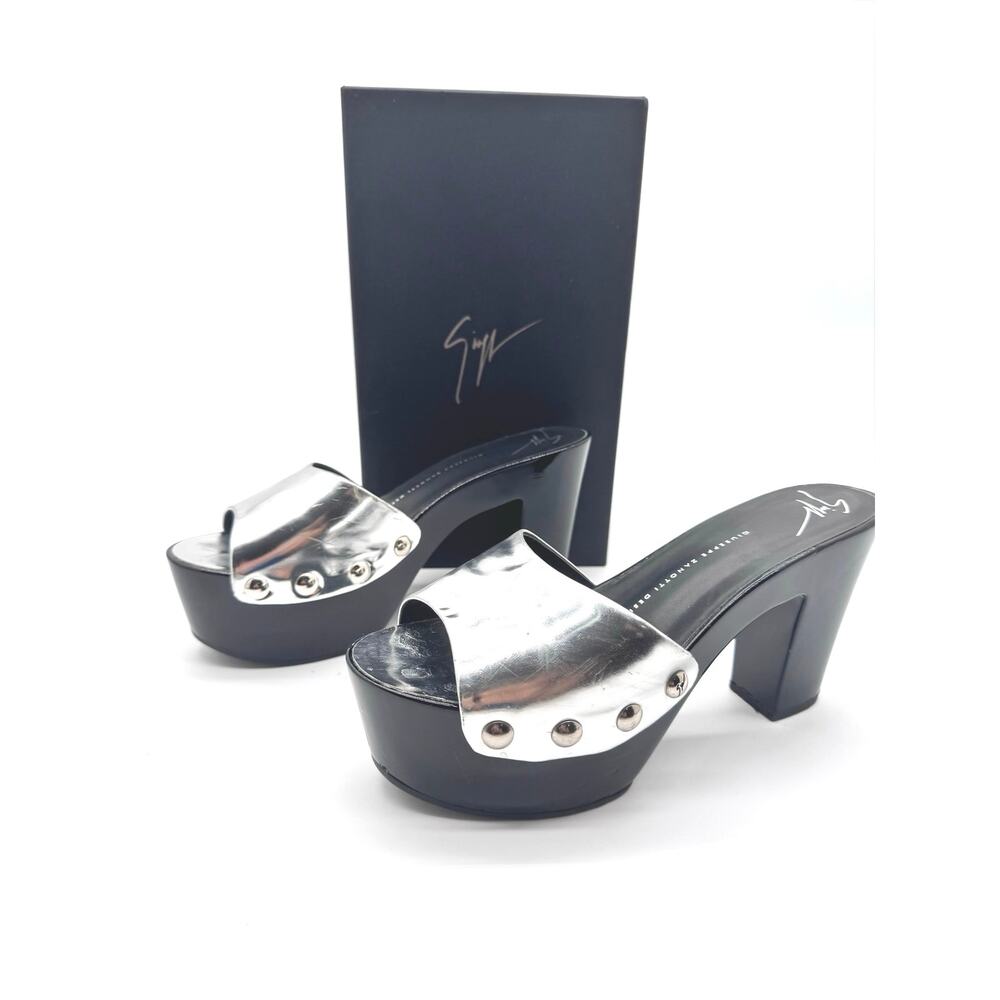 Giuseppe Zanotti Silver Leather Studded Platform Clog Sandals EU 38